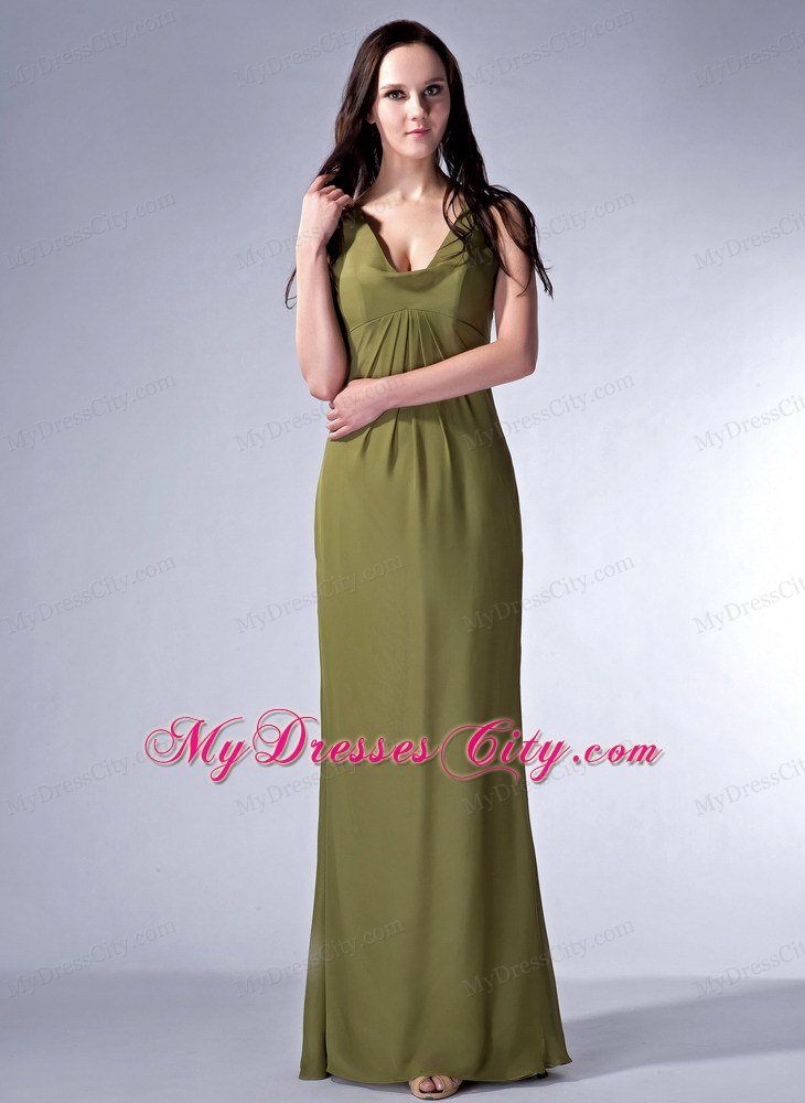 Cheap Olive Green V-neck Prom Graduation Dress with Chiffon