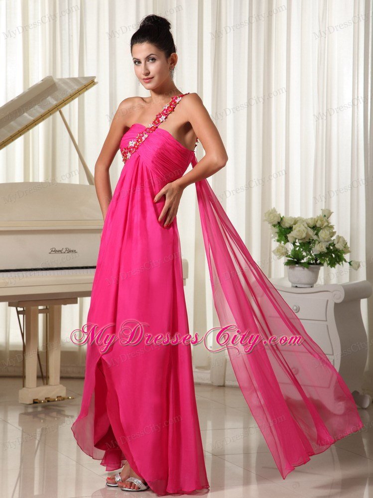 Hot Pink Watteau Train Beading One Shoulder Prom Dress