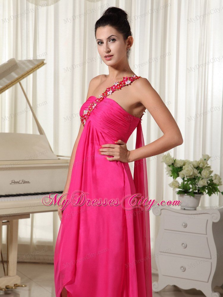 Hot Pink Watteau Train Beading One Shoulder Prom Dress