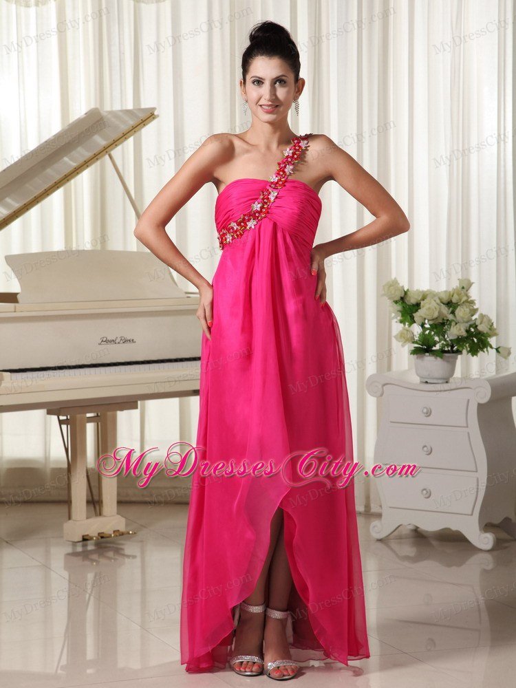 Hot Pink Watteau Train Beading One Shoulder Prom Dress