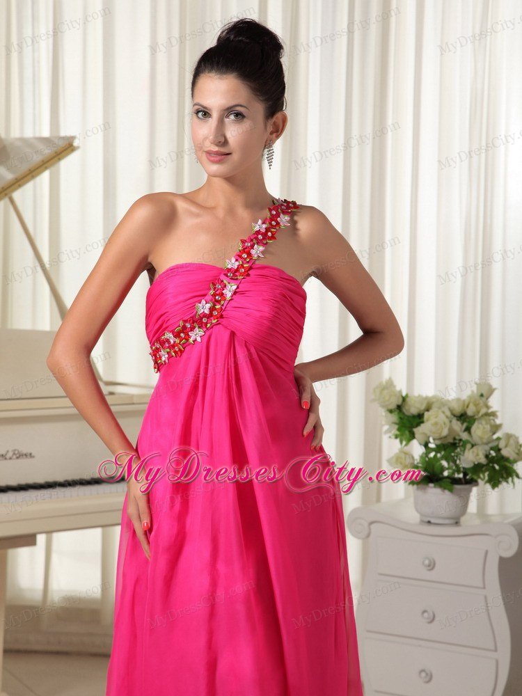 Hot Pink Watteau Train Beading One Shoulder Prom Dress