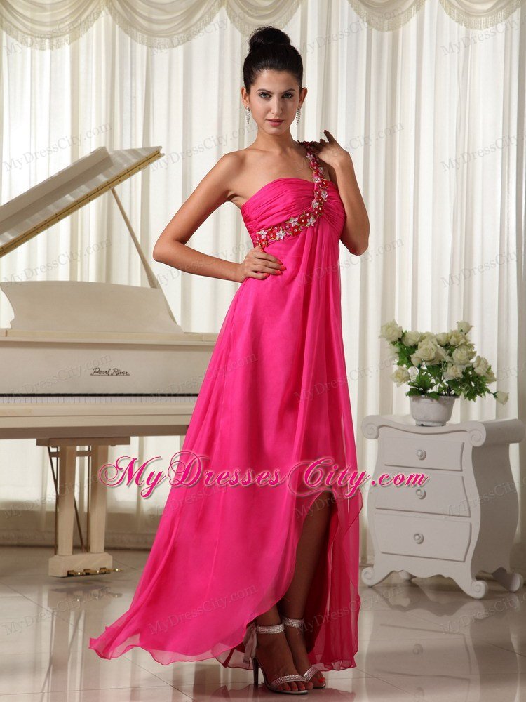 Hot Pink Watteau Train Beading One Shoulder Prom Dress