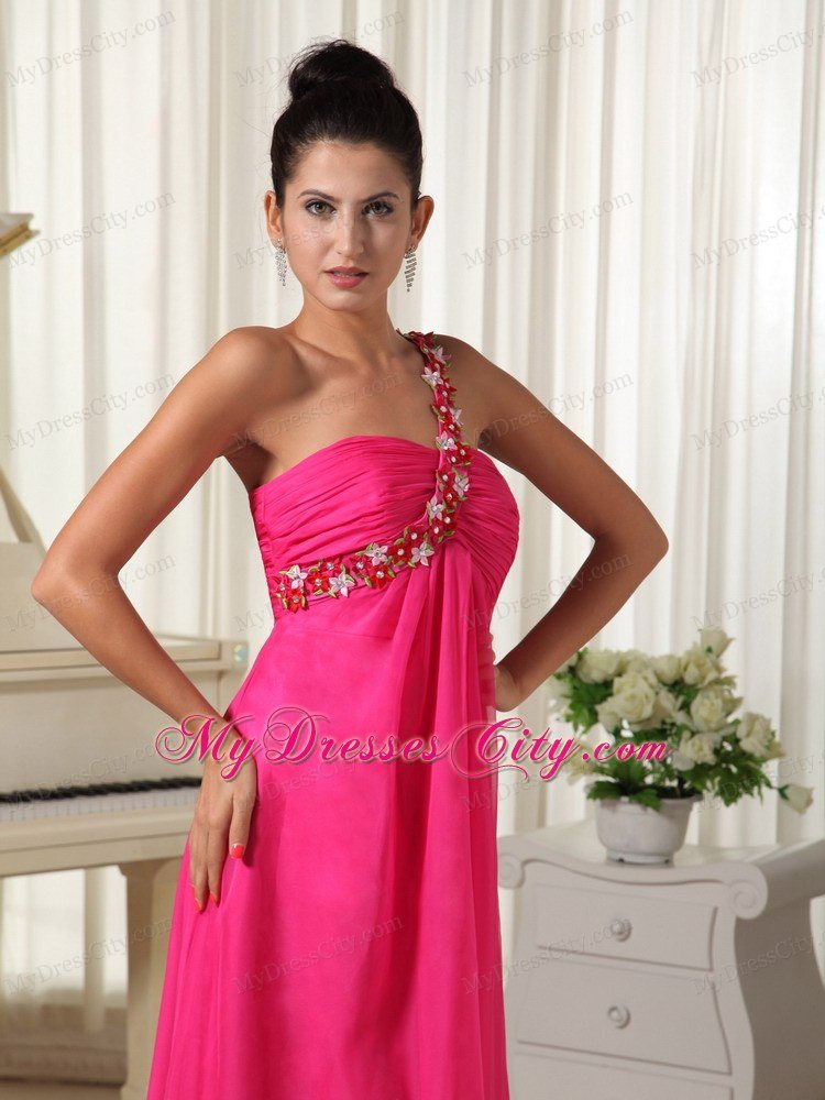 Hot Pink Watteau Train Beading One Shoulder Prom Dress