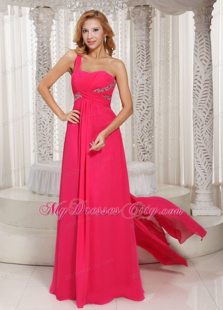 Coral Red One Shoulder Ruches Prom Dress With Watteau Train