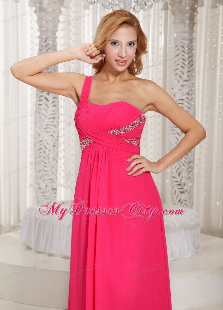 Coral Red One Shoulder Ruches Prom Dress With Watteau Train