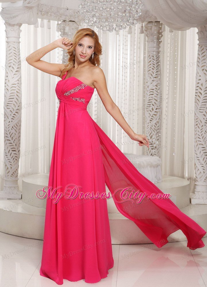 Coral Red One Shoulder Ruches Prom Dress With Watteau Train