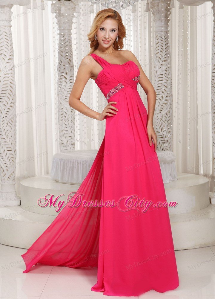 Coral Red One Shoulder Ruches Prom Dress With Watteau Train