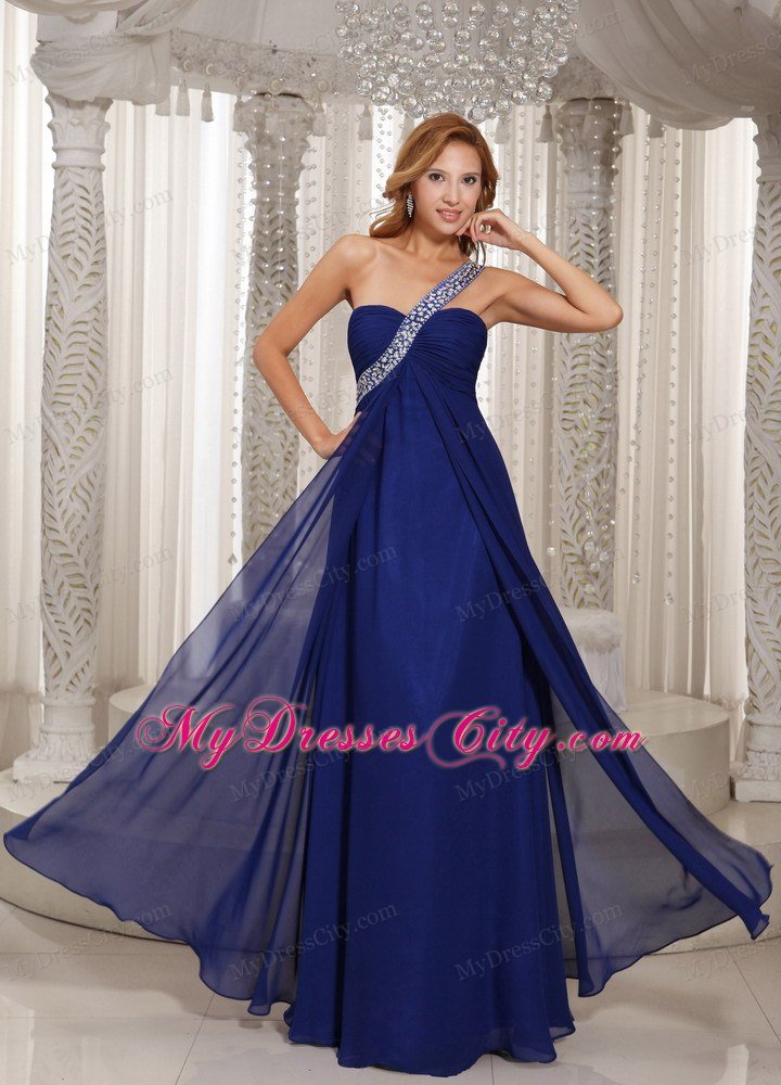 One Shoulder Navy Blue Chiffon With Beading Prom Dress For Party