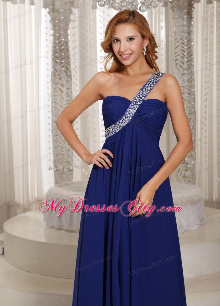 One Shoulder Navy Blue Chiffon With Beading Prom Dress For Party