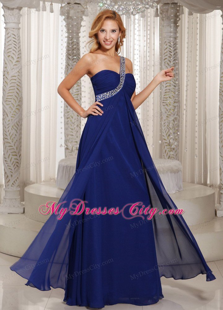 One Shoulder Navy Blue Chiffon With Beading Prom Dress For Party