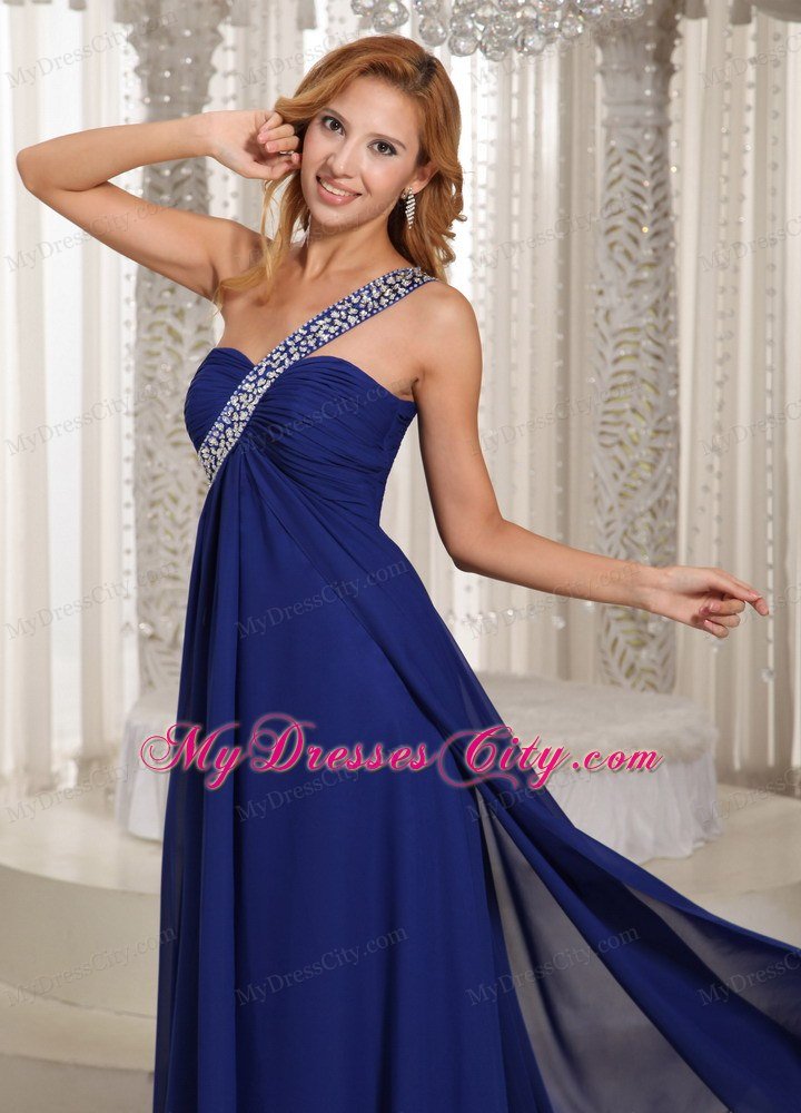 One Shoulder Navy Blue Chiffon With Beading Prom Dress For Party