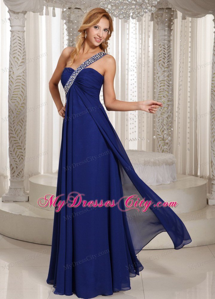 One Shoulder Navy Blue Chiffon With Beading Prom Dress For Party