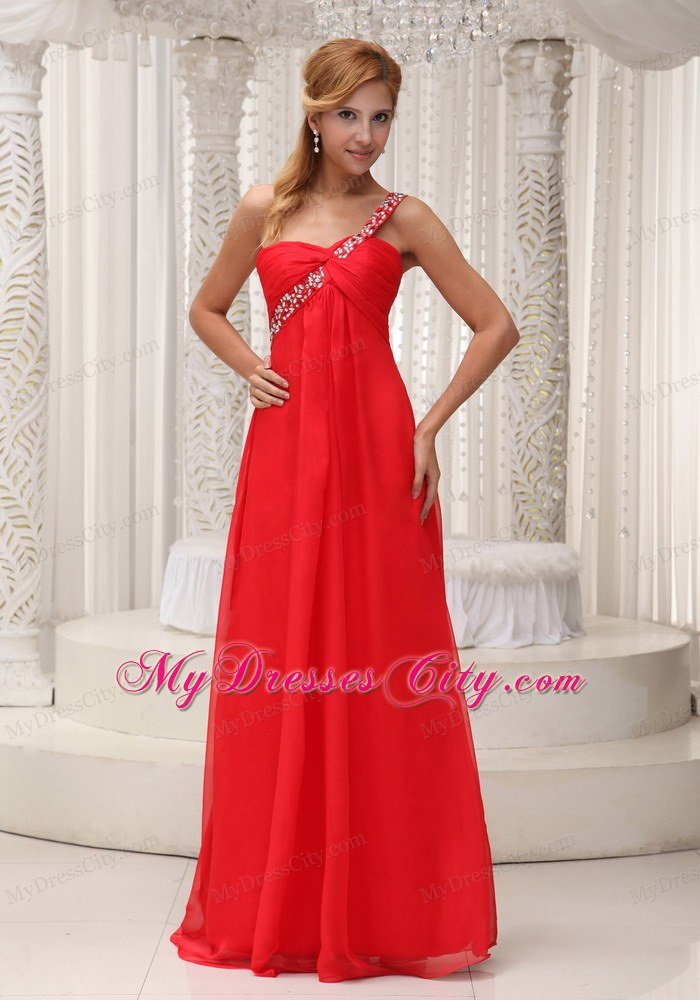 Red One Shoulder Empire Chiffon beading and ruches Prom Dress