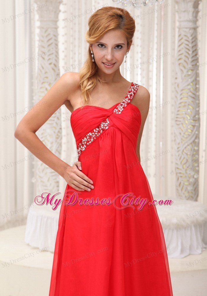 Red One Shoulder Empire Chiffon beading and ruches Prom Dress