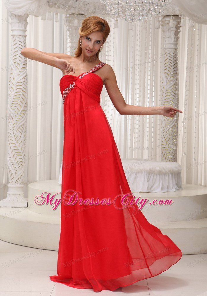 Red One Shoulder Empire Chiffon beading and ruches Prom Dress