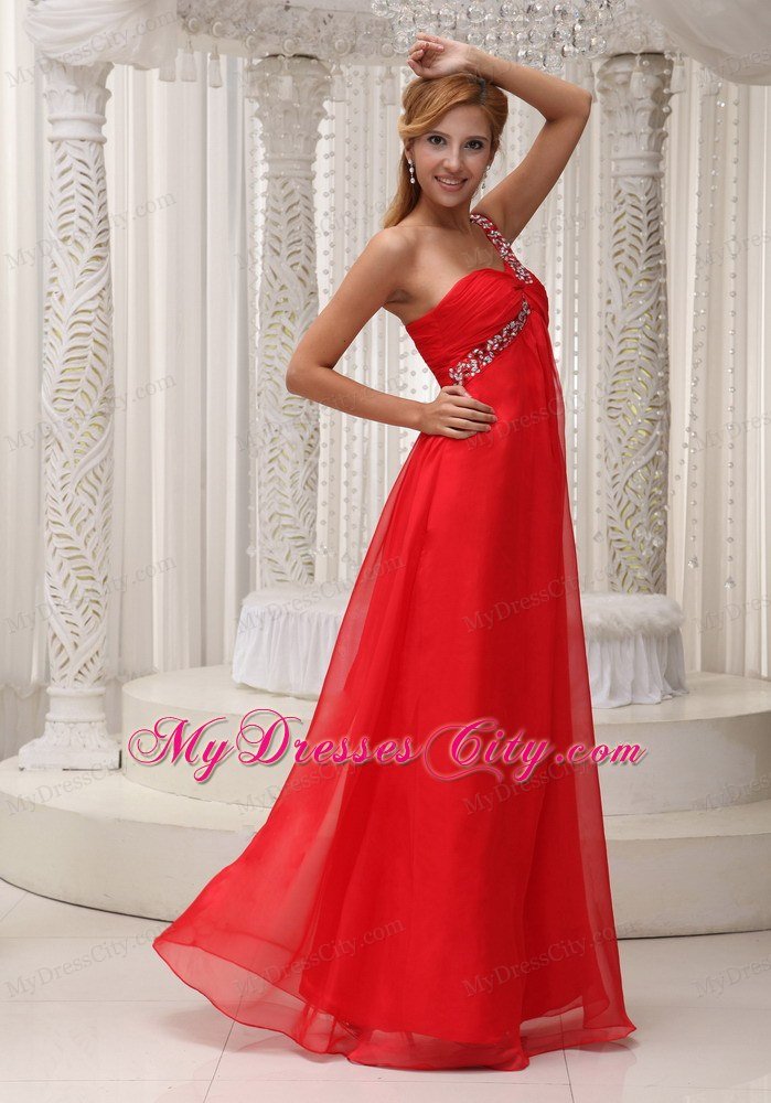 Red One Shoulder Empire Chiffon beading and ruches Prom Dress