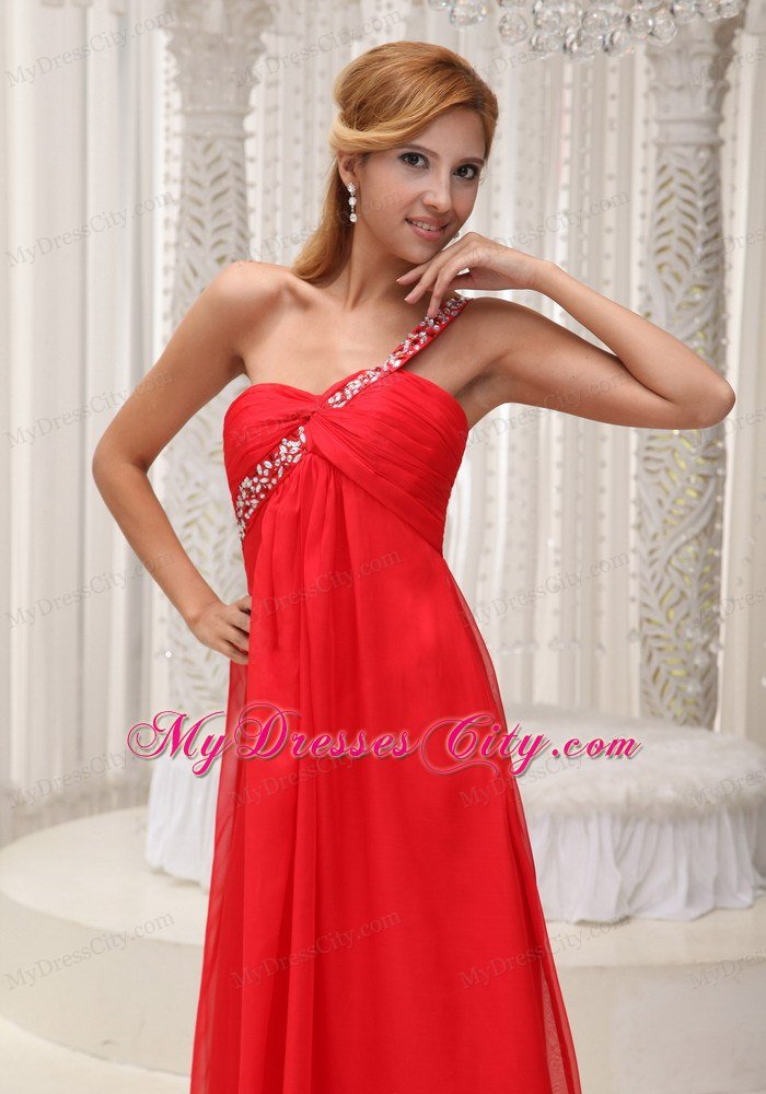 Red One Shoulder Empire Chiffon beading and ruches Prom Dress