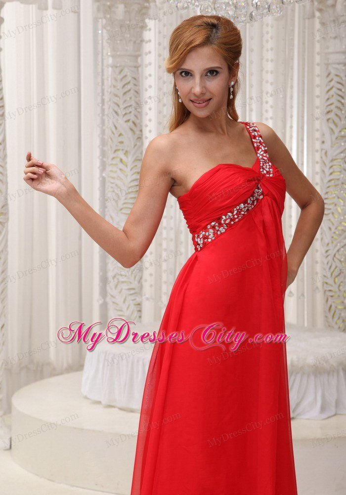 Red One Shoulder Empire Chiffon beading and ruches Prom Dress