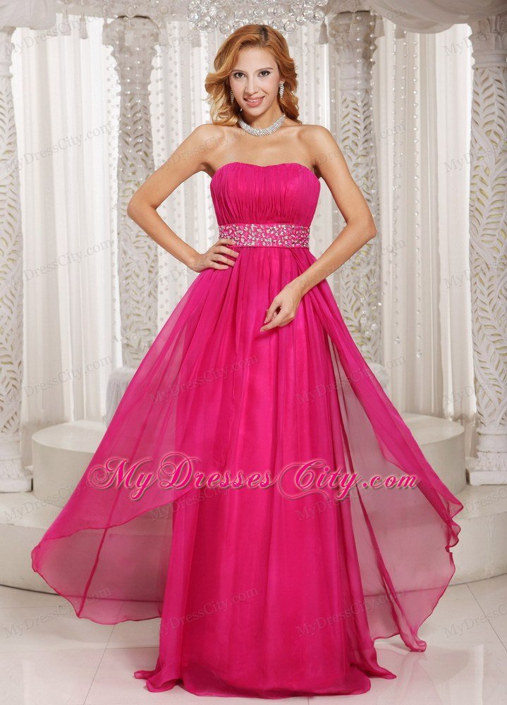 Hot Pink Column Strapless 2013 Prom Dress with Beading and Ruches