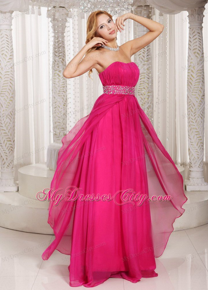 Hot Pink Column Strapless 2013 Prom Dress with Beading and Ruches