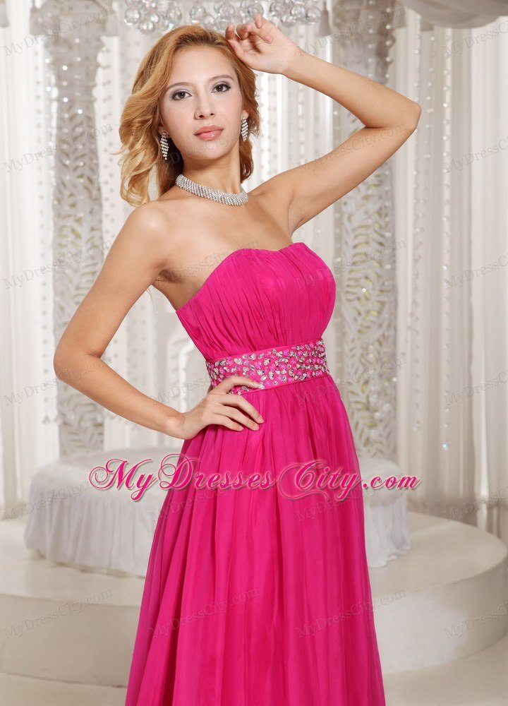 Hot Pink Column Strapless 2013 Prom Dress with Beading and Ruches