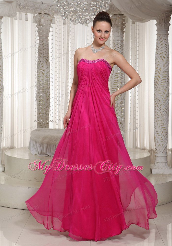 Simple Hot Pink Strapless Chiffon Long Prom Dress for Ladies