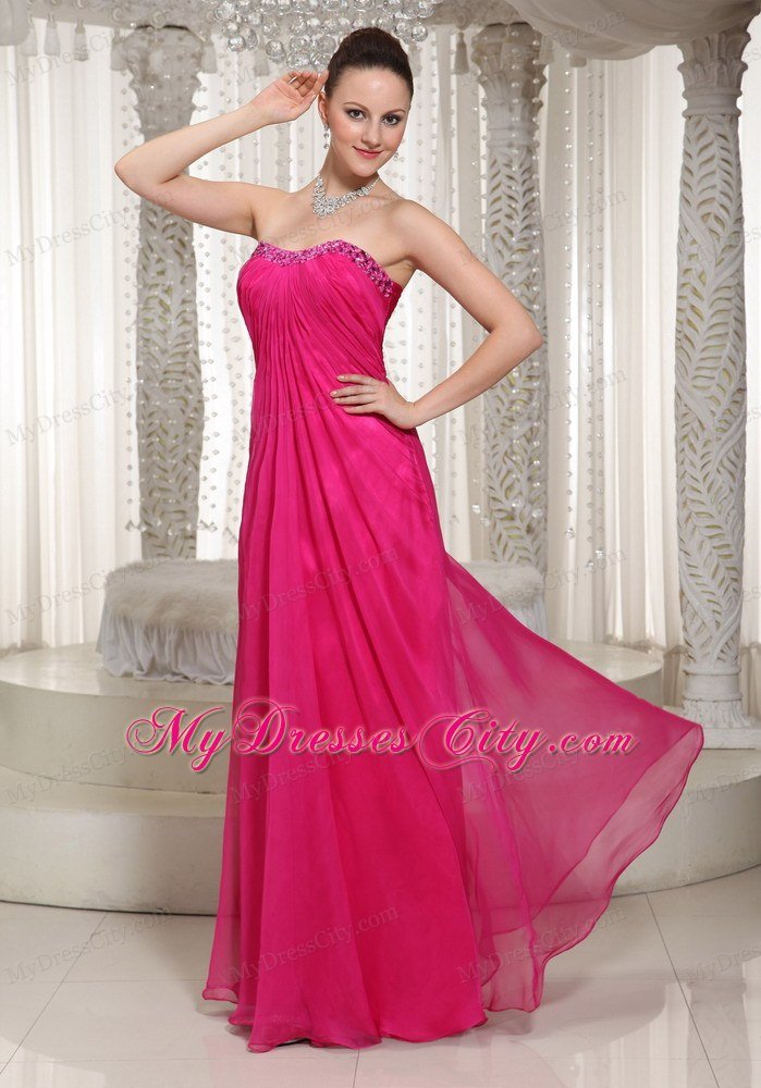 Simple Hot Pink Strapless Chiffon Long Prom Dress for Ladies