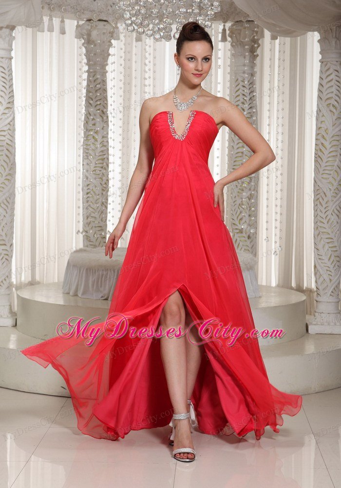 Cheap High Slit Long Dress For Prom Coral Red V-neck With Chiffon