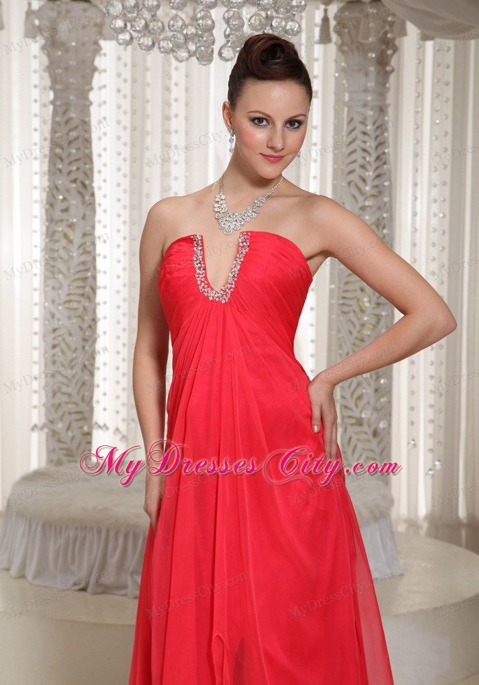 Cheap High Slit Long Dress For Prom Coral Red V-neck With Chiffon