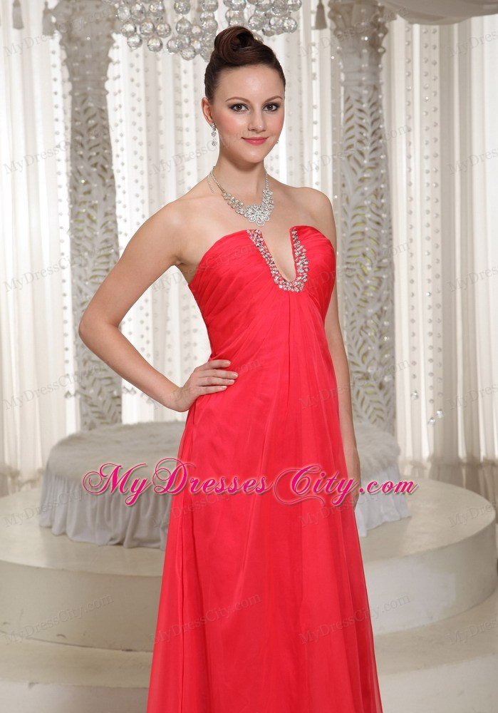 Cheap High Slit Long Dress For Prom Coral Red V-neck With Chiffon