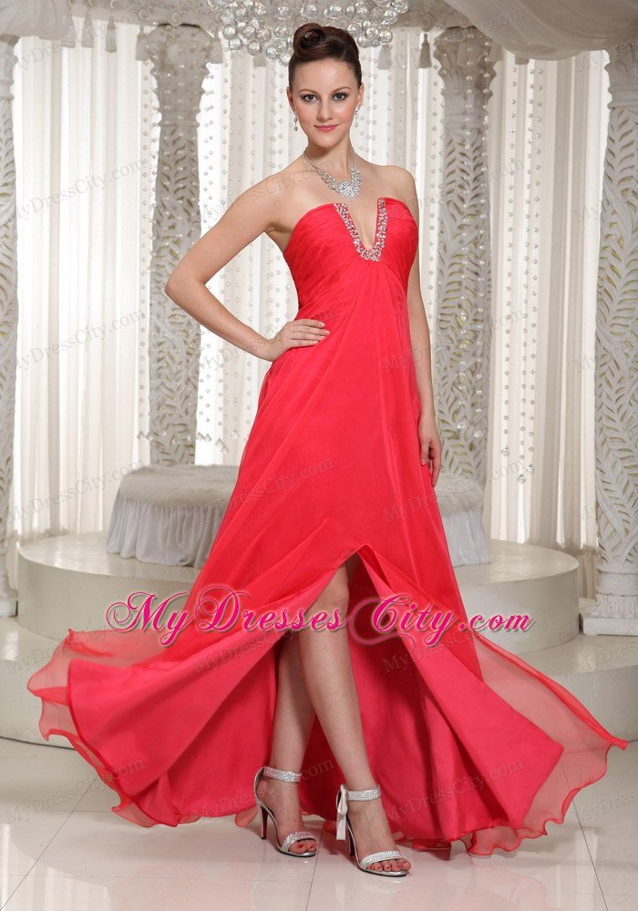 Cheap High Slit Long Dress For Prom Coral Red V-neck With Chiffon