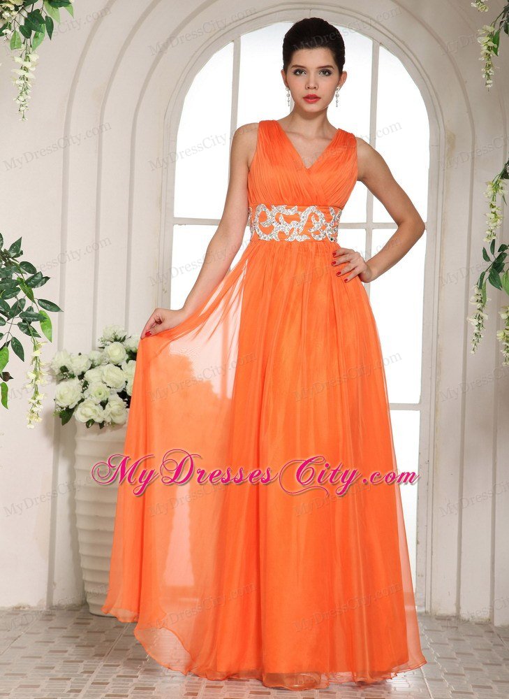 Chiffon Orange Red V-neck Ruches Prom Gown with Beading in Party