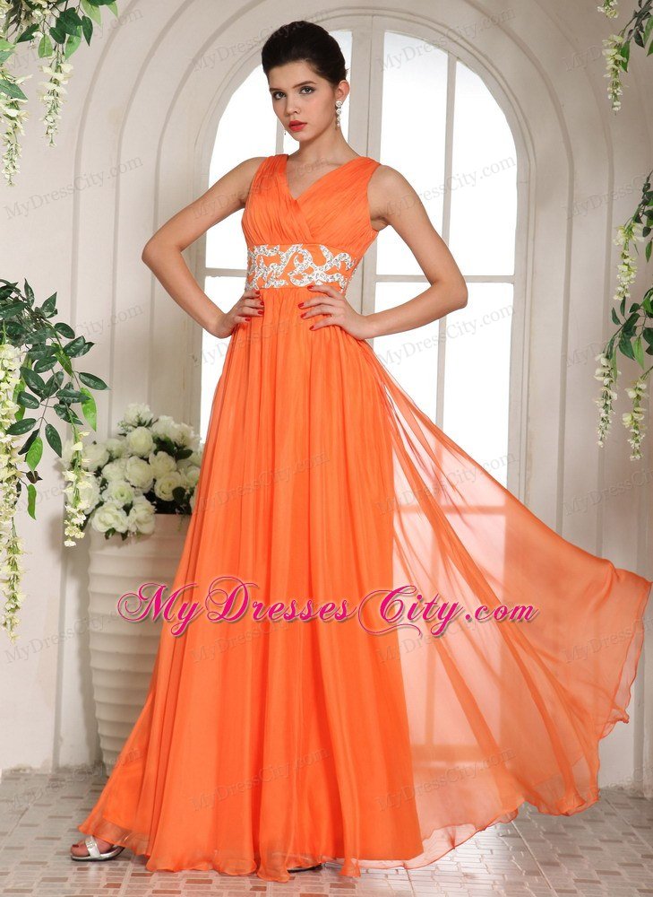 Chiffon Orange Red V-neck Ruches Prom Gown with Beading in Party