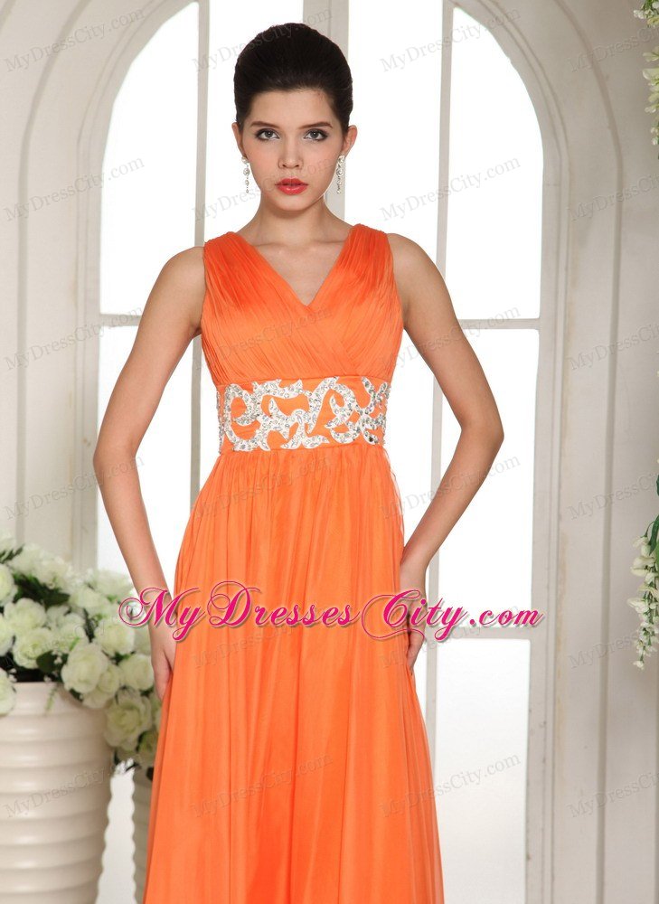 Chiffon Orange Red V-neck Ruches Prom Gown with Beading in Party