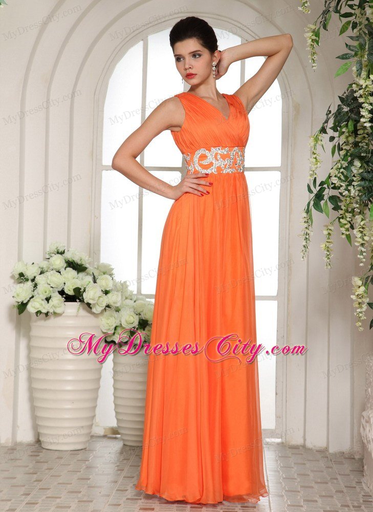 Chiffon Orange Red V-neck Ruches Prom Gown with Beading in Party