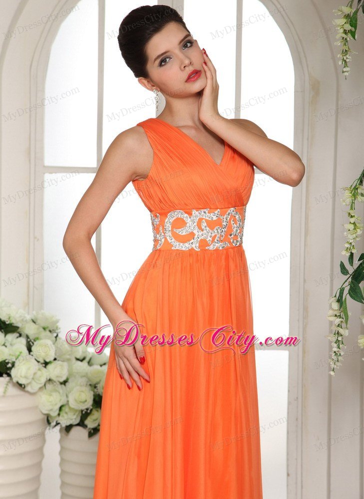 Chiffon Orange Red V-neck Ruches Prom Gown with Beading in Party