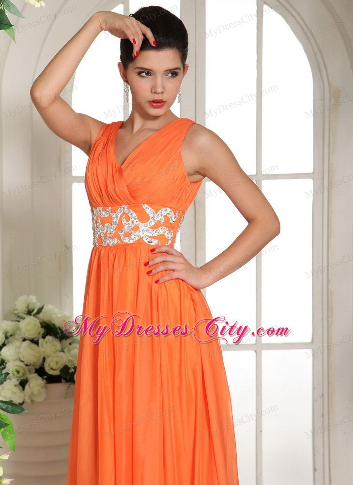 Chiffon Orange Red V-neck Ruches Prom Gown with Beading in Party