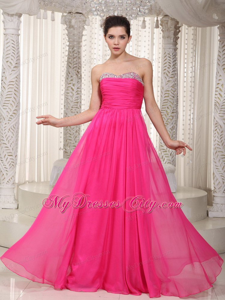 2013 Hot Pink Chiffon Ruches Long Prom Dress for Cheap