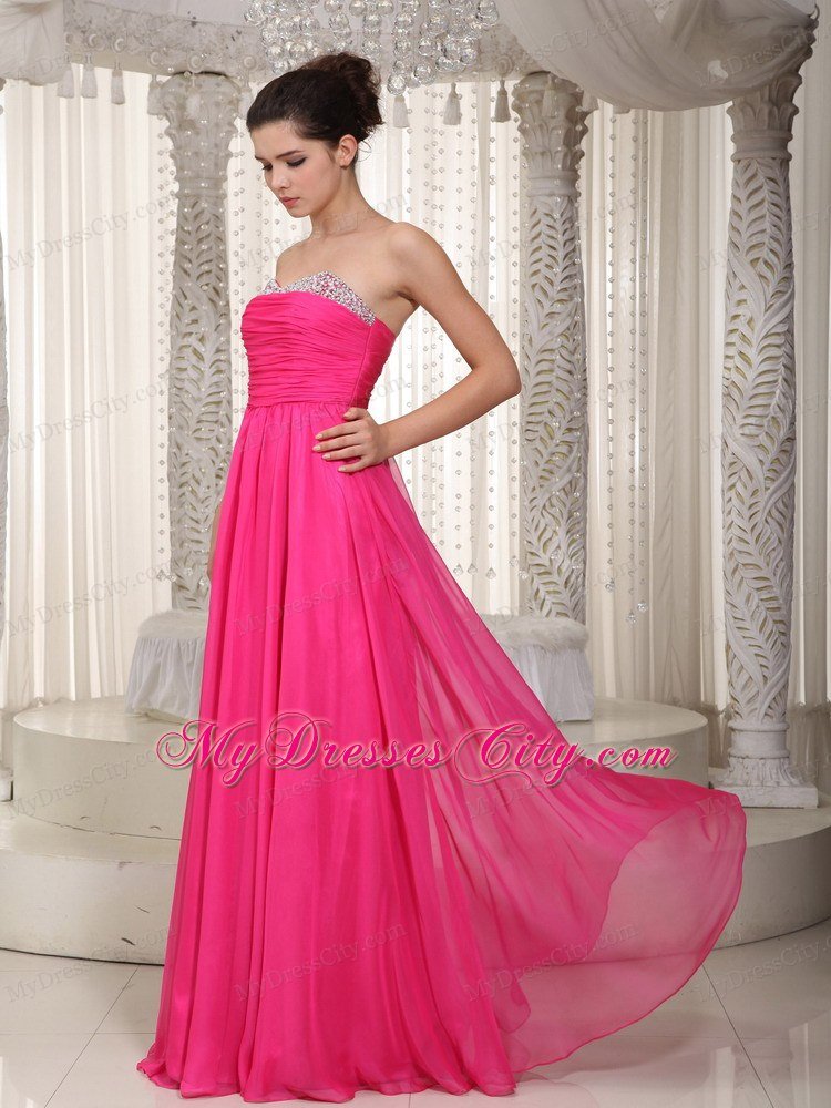 2013 Hot Pink Chiffon Ruches Long Prom Dress for Cheap