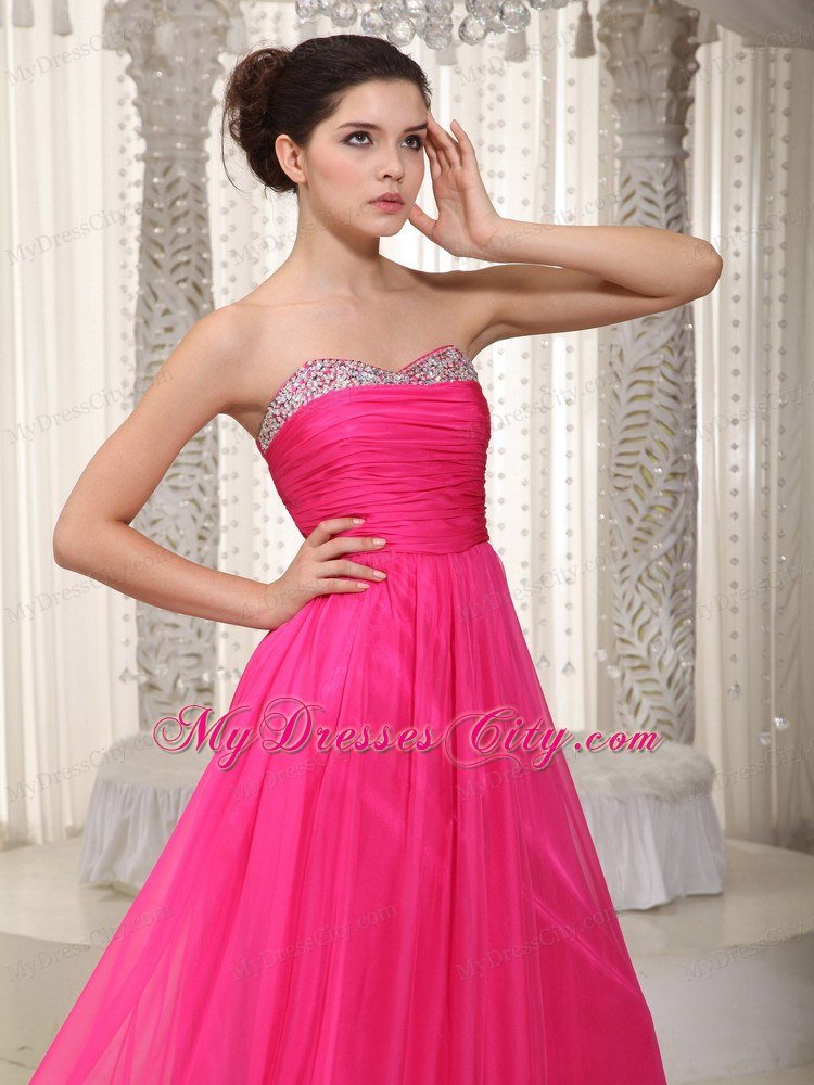 2013 Hot Pink Chiffon Ruches Long Prom Dress for Cheap