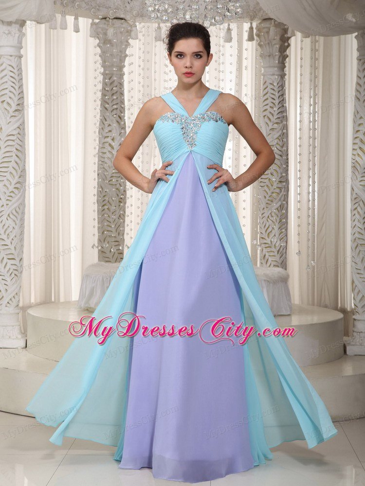 Blue and Purple Straps Chiffon Prom Dress with Ruches and Beading