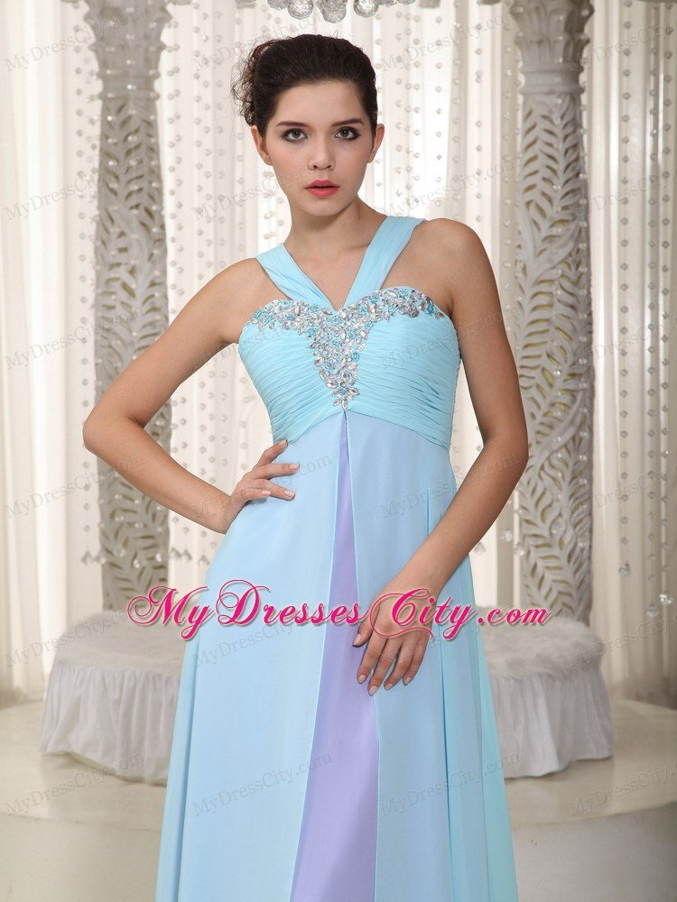 Blue and Purple Straps Chiffon Prom Dress with Ruches and Beading