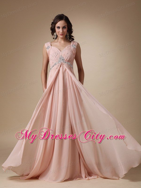 Baby Pink Straps Brush Train Beading Prom Dress with Backless