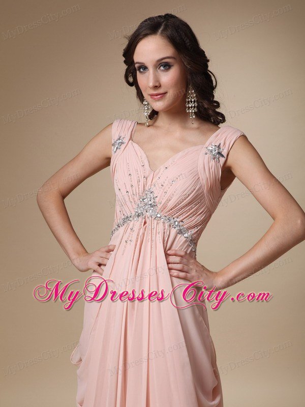 Baby Pink Straps Brush Train Beading Prom Dress with Backless