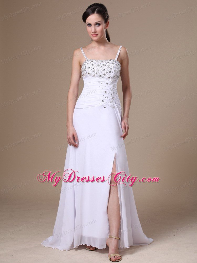 High Slit Beading and Ruches Spaghetti Straps White Prom Dress