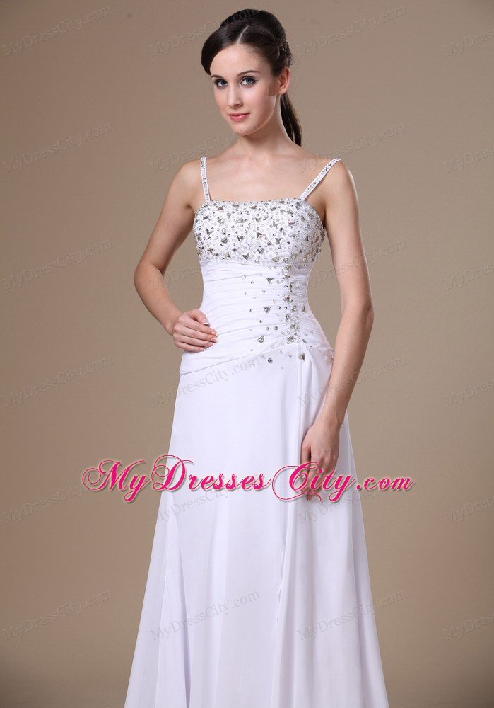 High Slit Beading and Ruches Spaghetti Straps White Prom Dress