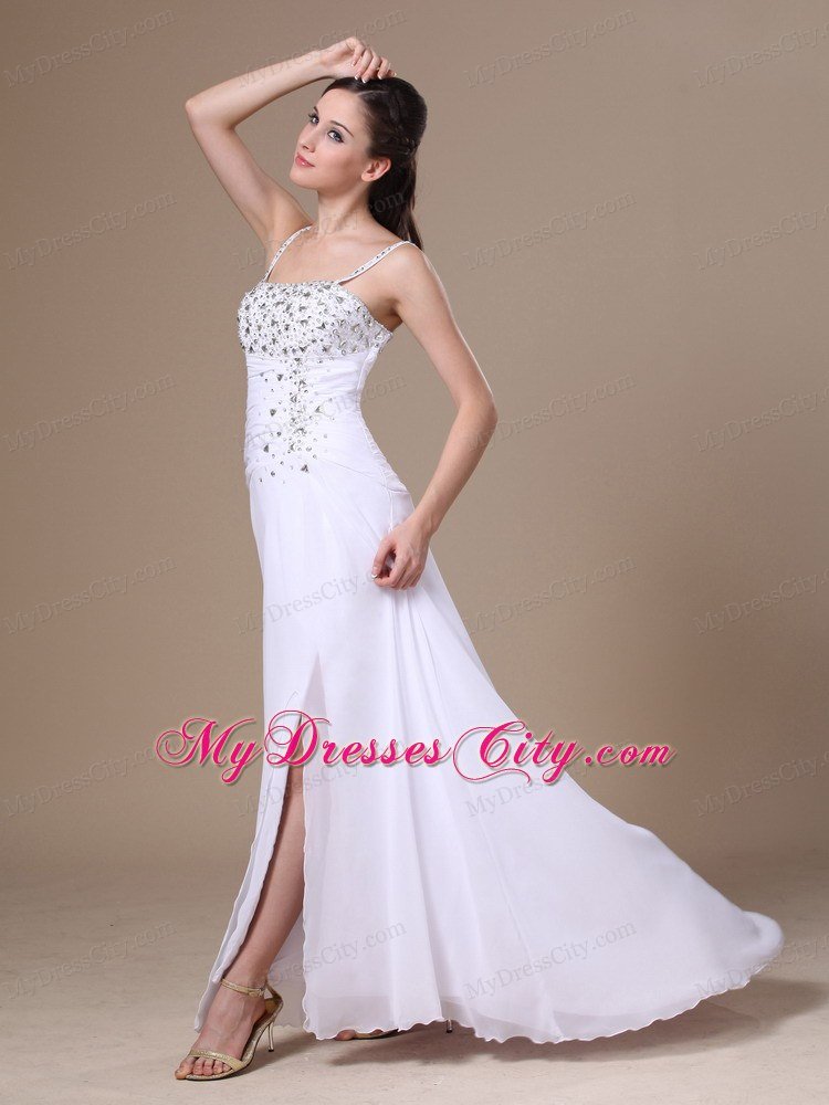 High Slit Beading and Ruches Spaghetti Straps White Prom Dress