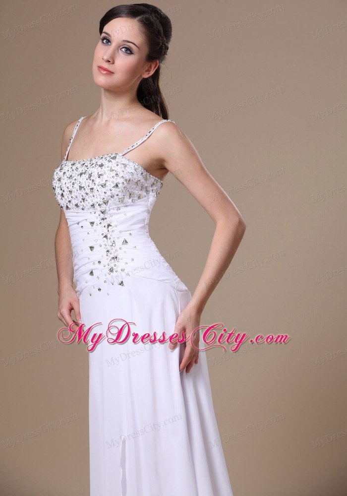 High Slit Beading and Ruches Spaghetti Straps White Prom Dress