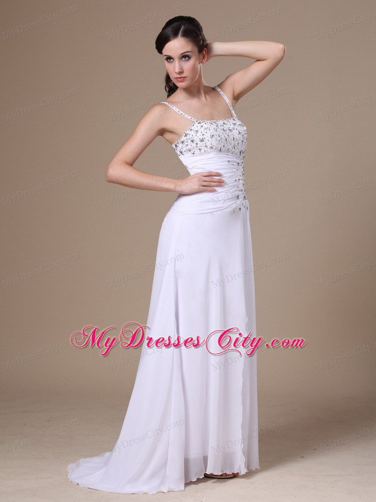 High Slit Beading and Ruches Spaghetti Straps White Prom Dress