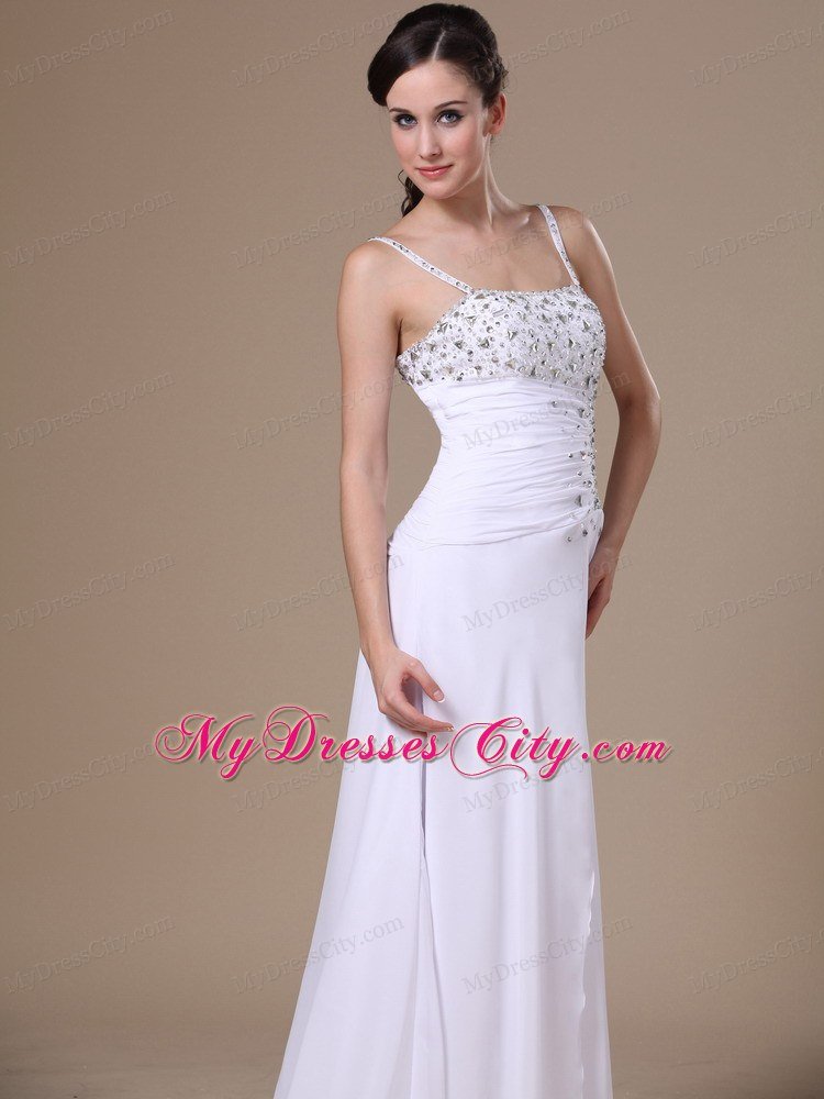 High Slit Beading and Ruches Spaghetti Straps White Prom Dress